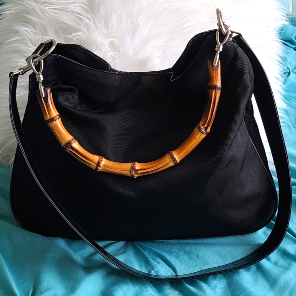 Gucci Authentic Black Nylon Bamboo Handle Crossbody Shoulder Bag like new